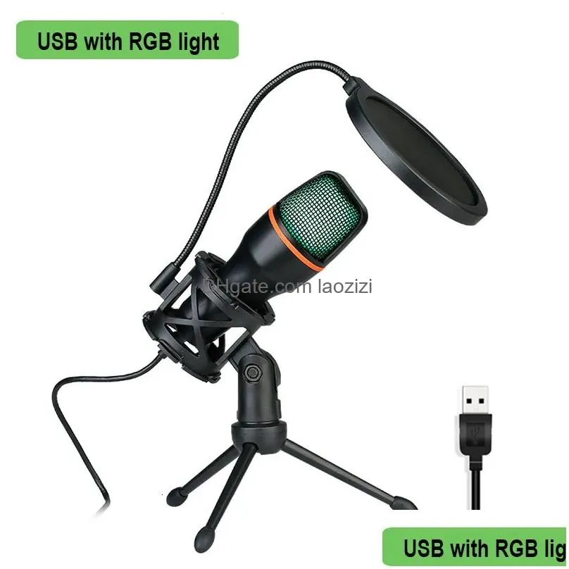 microphones rgb condenser microphone wired desktop tripod usb mic for recording live gaming video noise reduction conference 230518