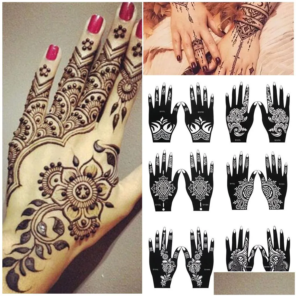Temporary Tattoos 2Pcs/Set Professional Henna Stencil Temporary Hand Tattoo Body Art Sticker Template Wedding Tool India Flower T20073 Dhgsk