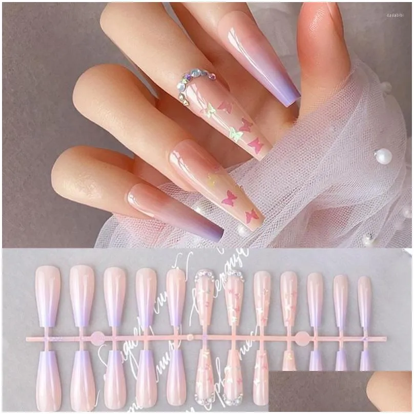 False Nails 24 Pieces French NailsGradient Long Ballet Fake Design Pattern Wearable Shiny Rhinestones Simple 20 Z6F5