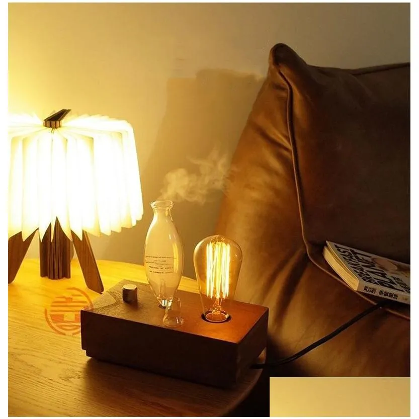 USB Aromatherapy Diffuser Air Humidifier With Light Bulb Electric Aroma Diffuser Mist Wood Oil Diffuser For Office Home with 30ml Santal 26 Essential