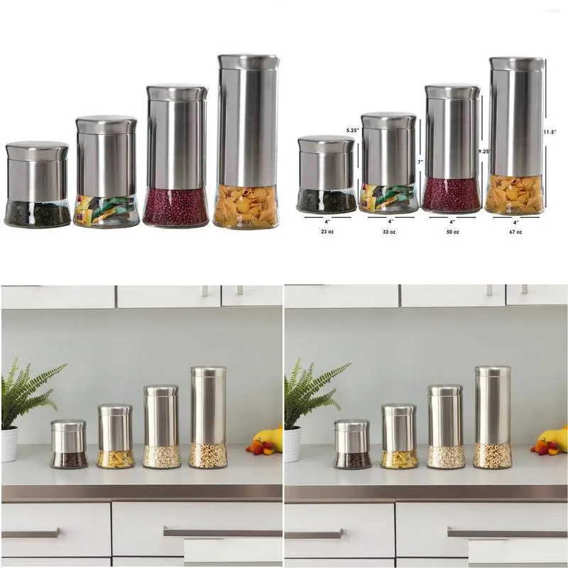 Storage Bottles Essence 4 Piece Stainless Steel Food Canister Set Container Kitchen Containers