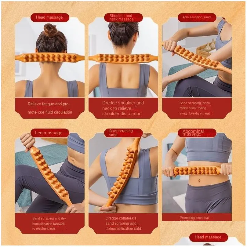 Full Body Massager Fl Body Masr Natural Wood Scra Mas Stick Double Row 20 Beads Back Leg Spa Therapy Tool Point Treatment Gua Sha Drop Dhoc2