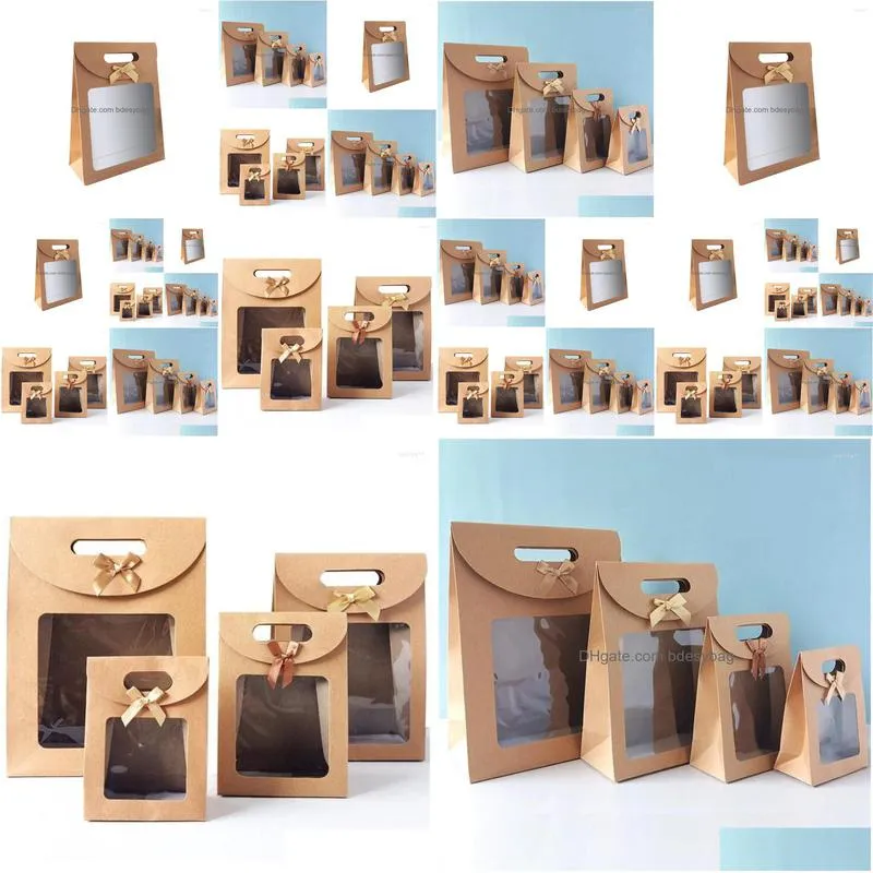 Gift Wrap Gift Wrap 12Pcs Kraft Paper Bags With Pvc Window Portable Packaging Bag For Thanksgiving Wedding Birthday Drop Delivery Home Dhfo3