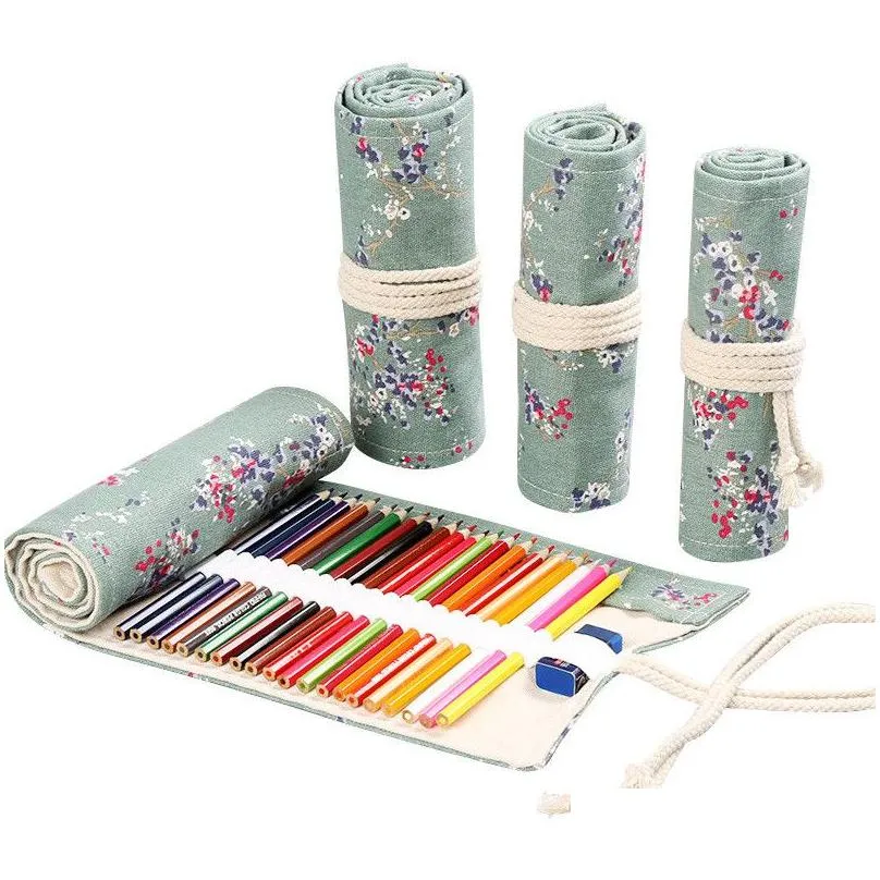 Pencil Bags Wholesale 12 Roll School Pencil Bag Canvas Pen Curtain Large Capacity Painter Student Drop Delivery Office School Business Dhy9F