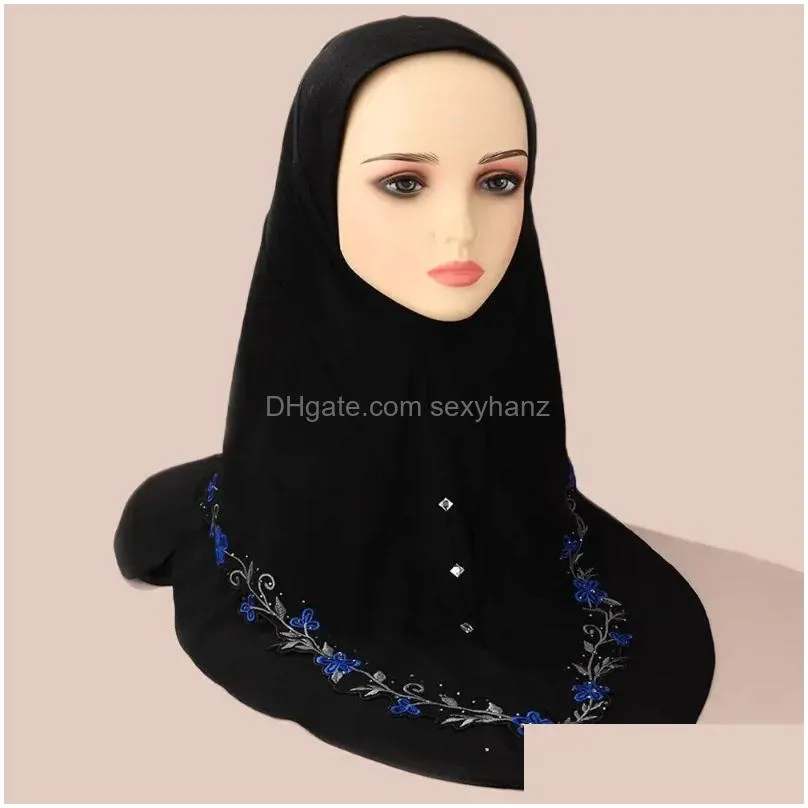 Scarves Women Embroidery Floral Hijab Arab Solid Color Turban Islamic Khimar Muslim Soft Wear Directly Instant Scarf Drop Delivery F Dhivx