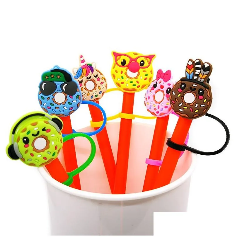 custom donut pattern soft silicone straw toppers accessories charms reusable splash proof drinking dust plug decorative 8mm straw in tumbler cup party