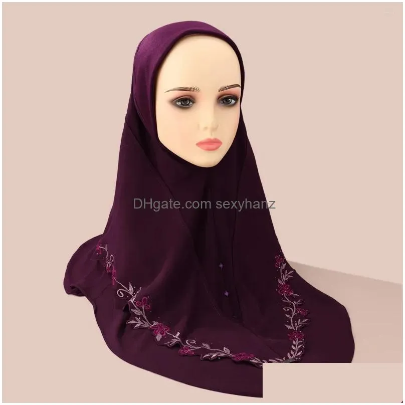 Scarves Women Embroidery Floral Hijab Arab Solid Color Turban Islamic Khimar Muslim Soft Wear Directly Instant Scarf Drop Delivery F Dhivx