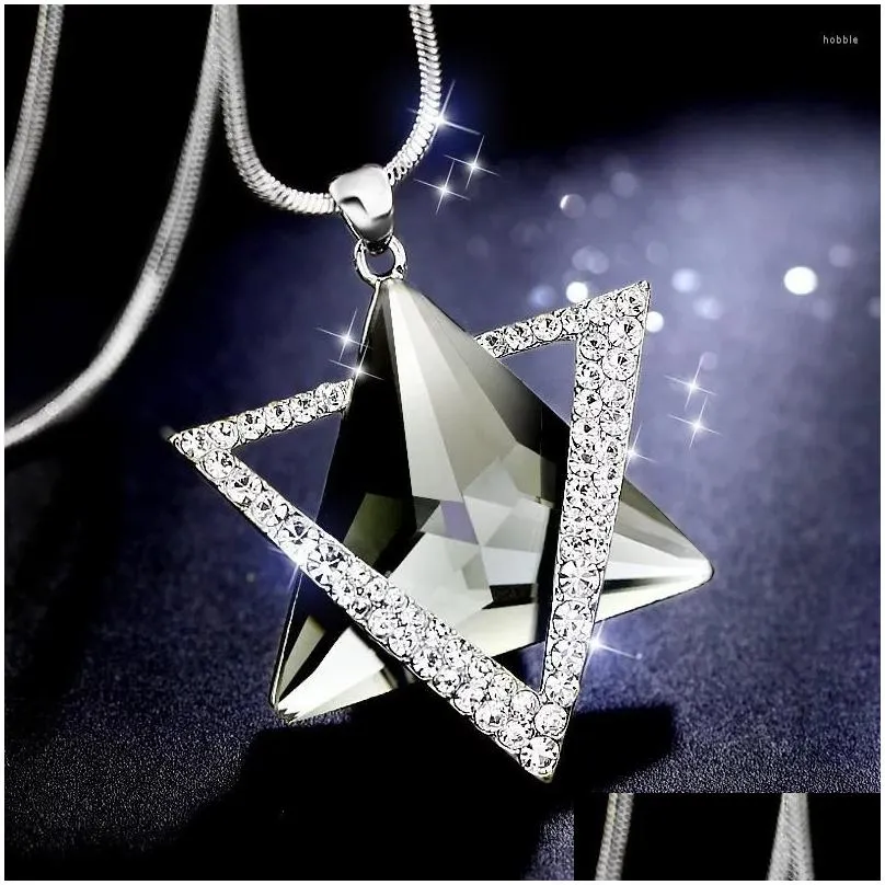 Pendant Necklaces Pendant Necklaces Double Triangle Gray Blue Crystal Necklace Women Office Lady Sweater Chain Jewelry Drop Delivery J Dhdal