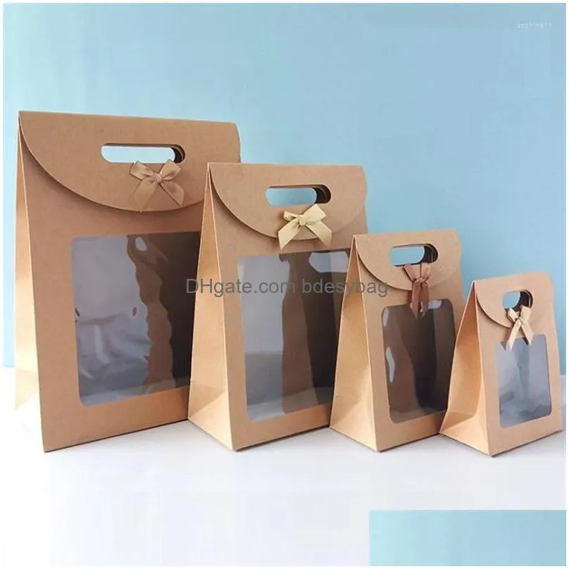Gift Wrap Gift Wrap 12Pcs Kraft Paper Bags With Pvc Window Portable Packaging Bag For Thanksgiving Wedding Birthday Drop Delivery Home Dhfo3