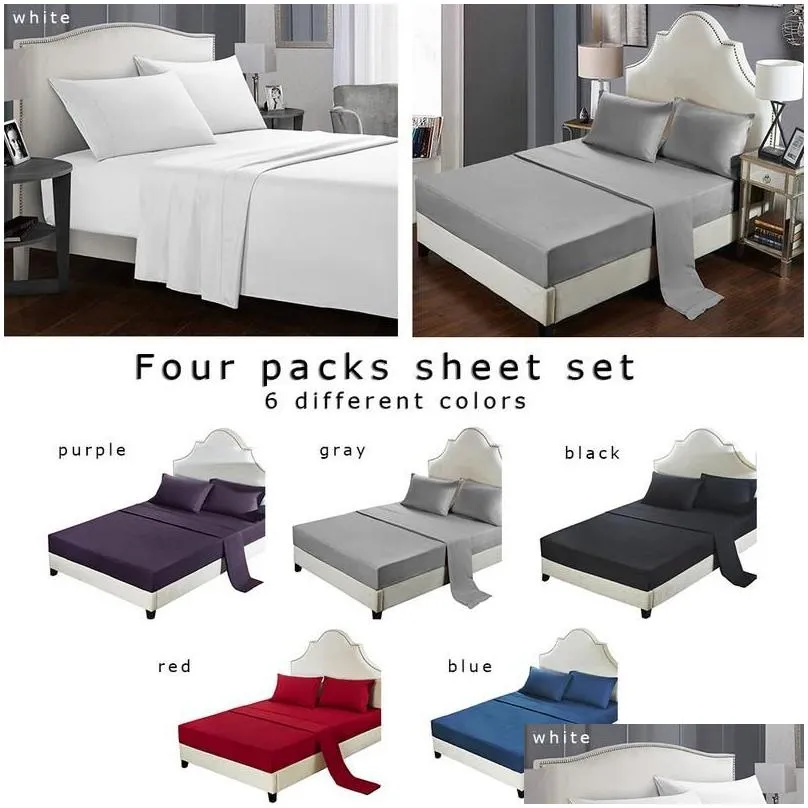 4pcs family bedding set include bed fitted sheet flat sheet two pillowcase soft skin-friendly plain bedding set3178