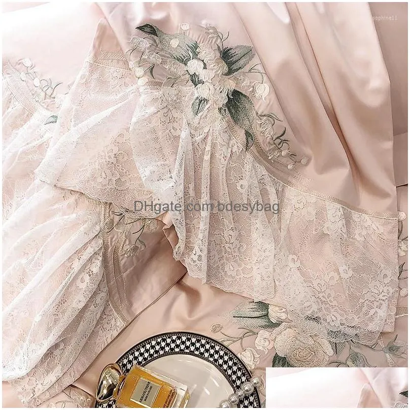 Bedding Sets Bedding Sets Pink 1000Tc Egyptian Cotton Luxury Flowers Lace Embroidery French Wedding Set Duvet Er Pillowcases Bed Sheet Dhmkr