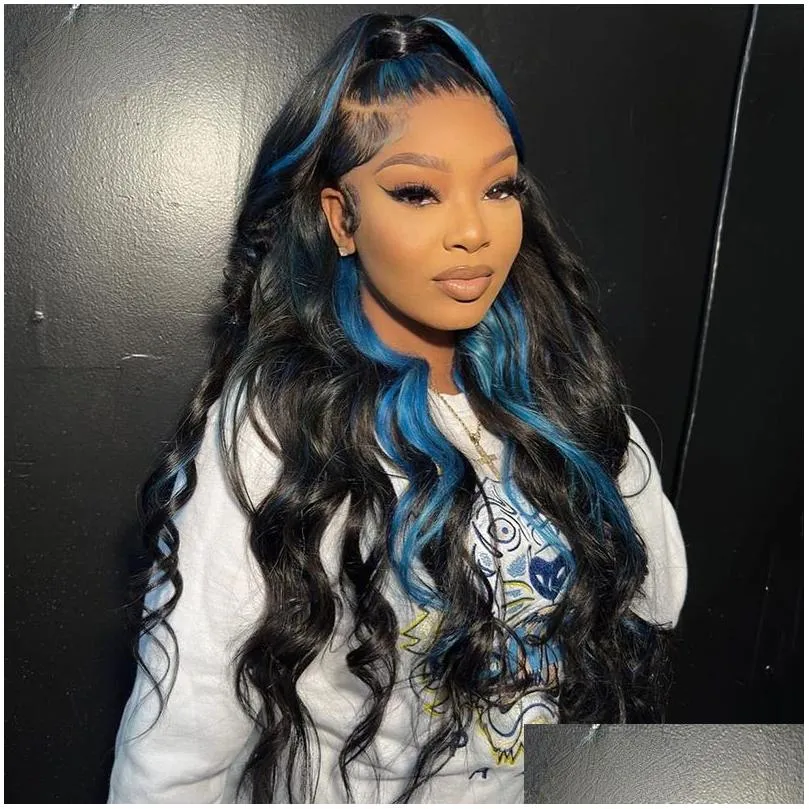 Synthetic Wigs 13X4 Lace Front Blue Highlight Black Wigs Transparent Frontal Wig Brazilian Simation Human Hair Body Wave For Drop Deli Dhbak