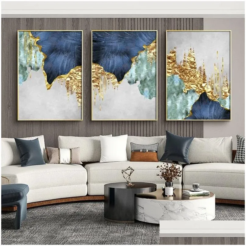 nordic blue golden foil lines canvas posters print modern abstract wall art painting decoration picture living room home decor