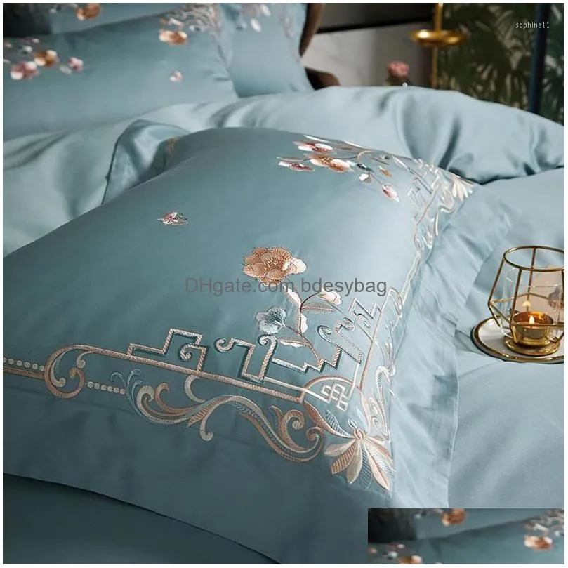 Bedding Sets Bedding Sets 800Tc Egyptian Cotton Set Classic Embroidery Duvet Er With Tassles Soft Skin-Friendly Flat/Fitted Sheet Pill Dhafe