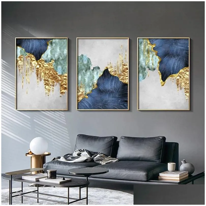 nordic blue golden foil lines canvas posters print modern abstract wall art painting decoration picture living room home decor