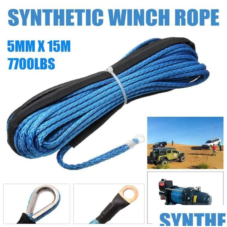 NEW 1PCS Blue 15m 5mm Synthetic Fiber Strand Off-road Synthetic Towing Winch Rope 7700 lbs for Most Car SUV ATV1716