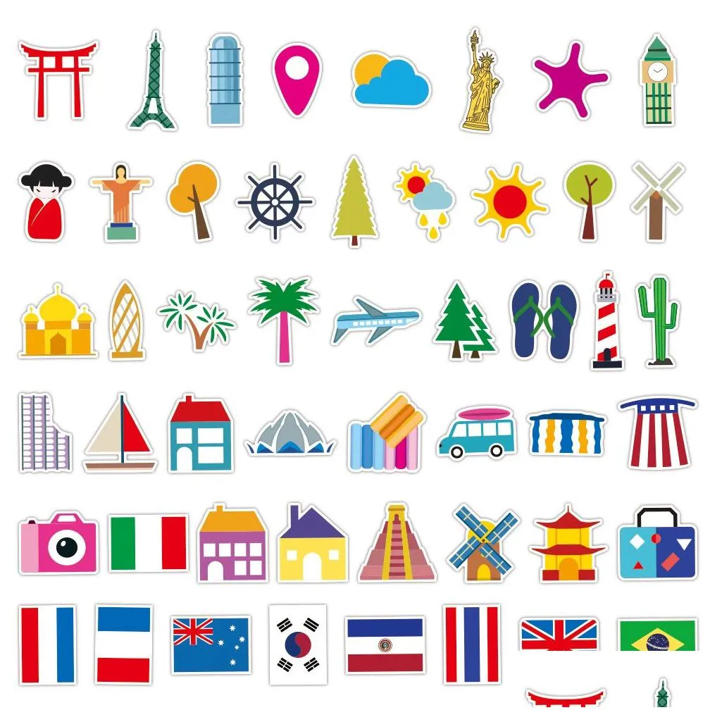 50pcs world buildiings Travel cute cartoon Waterproof PVC Stickers Pack For Fridge Car Suitcase Laptop Notebook Cup Phone Desk Bicycle Skateboard