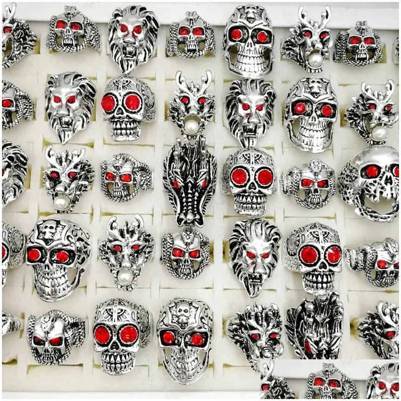 Band Rings Fashion New 100Pcs/Lot Gothic Punk Dragon Ring Tough Guy Vintage Mix Styles Mens Womens Jewelry Giftsize18Mm-2M Drop Delive Dhena