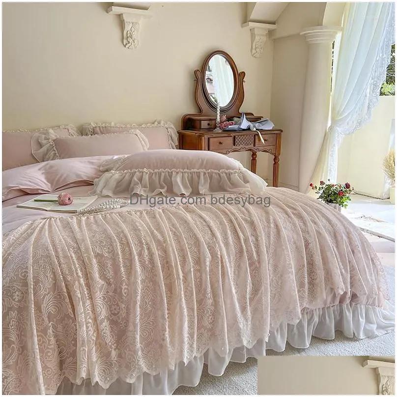 Bedding Sets Bedding Sets Cotton French Princess Set 400Tc Washed Romantic Lace Ruffles Work Duvet Er Bed Sheet Pillowcase Drop Delive Dhx7R