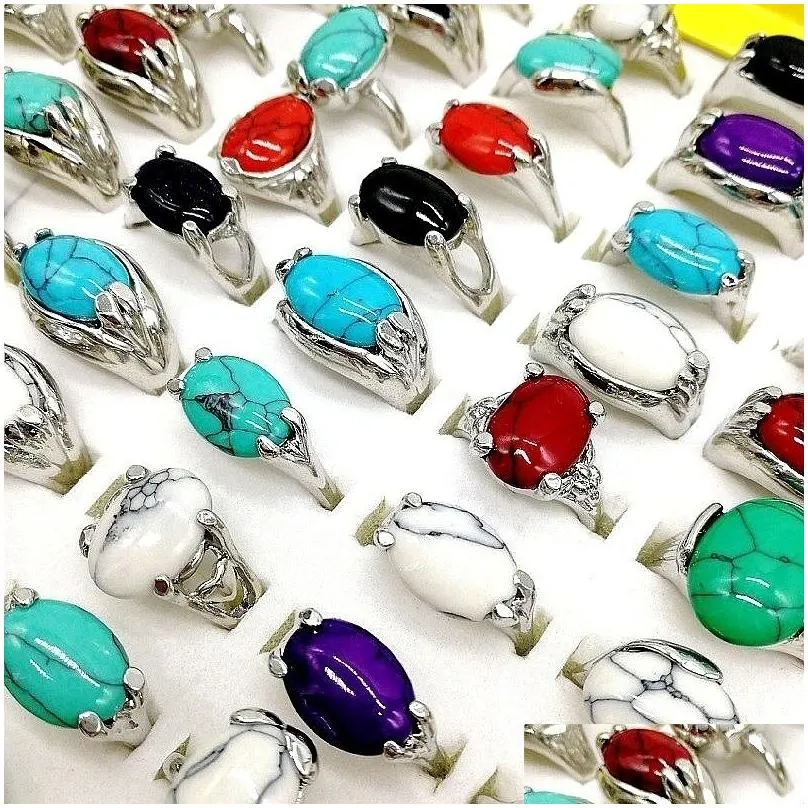 Band Rings Fashion 30 Pcs/Lot Patterned Turquoise Gem Pinestone Band Rings Bohemian Style Mixed Siery Lovers Women And Men Retro Weddi Dhe9H