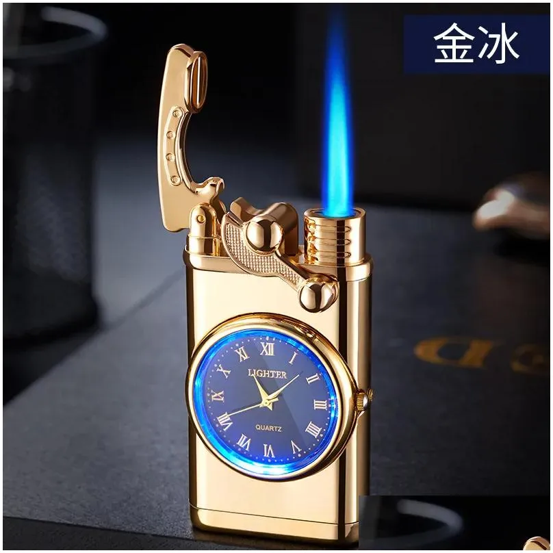  creative watch  cigar lighter gas refill torch turbo lighter windproof metal blue flame butane gas lighters men smoking gadgets