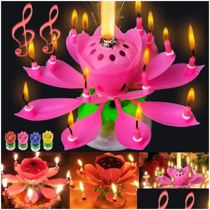 birthday cake music candles rotating lotus flower christmas festival decorative music wedding party decorat