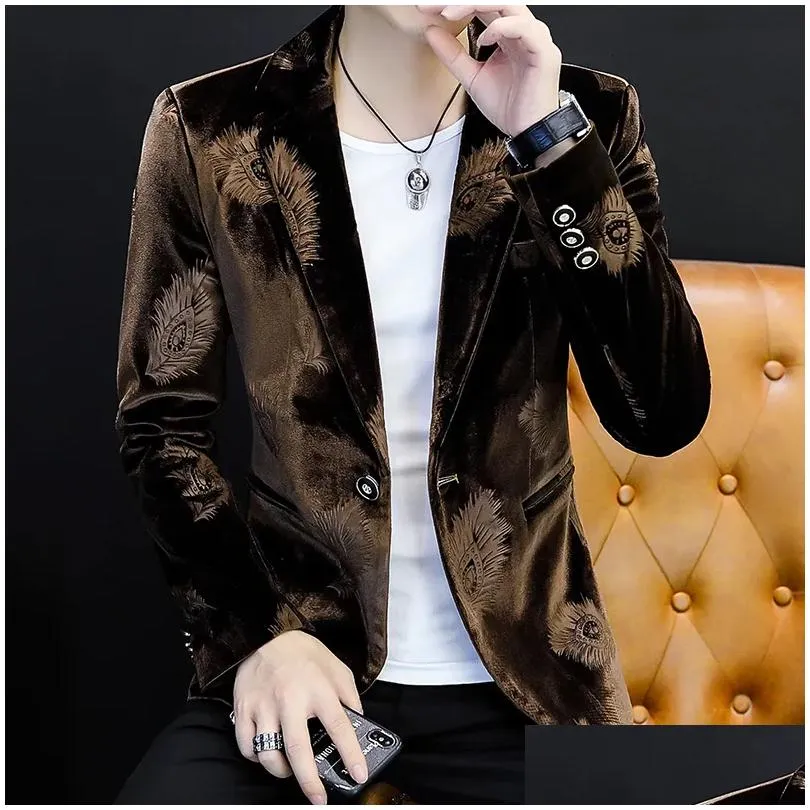 Men`S Suits & Blazers Mens Suits Blazers Autumn Winter Jacket Floral Print Veet Material Casual Long Sleeve S Fashion Male Slim Men B Dhldv