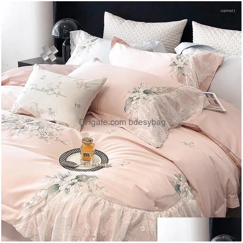 Bedding Sets Bedding Sets Pink 1000Tc Egyptian Cotton Luxury Flowers Lace Embroidery French Wedding Set Duvet Er Pillowcases Bed Sheet Dhmkr