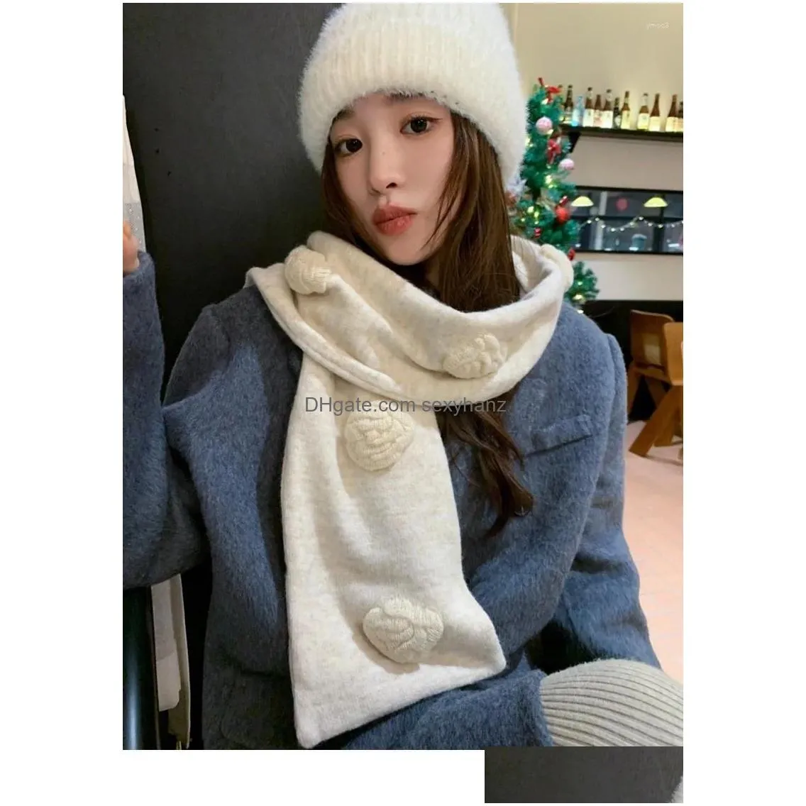 Scarves 2023 Winter Fashion Women Camellia Imitated Cashmere Wool Knitted Scarf Female Thick Gift Drop Delivery Accessories Hats Glo Dh7Sx