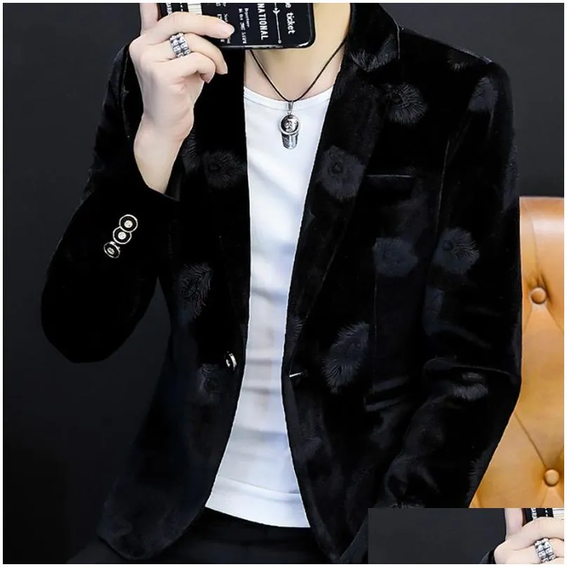 Men`S Suits & Blazers Mens Suits Blazers Autumn Winter Jacket Floral Print Veet Material Casual Long Sleeve S Fashion Male Slim Men B Dhldv