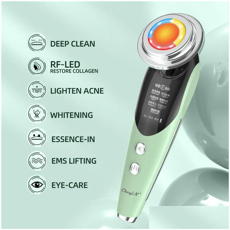 CkeyiN GREEN Face Beauty Machine 7In1 EMS LED Light Wrinkle Removal Skin Tightening Heated Vibration Eye Massager Wand 5 2202168124684