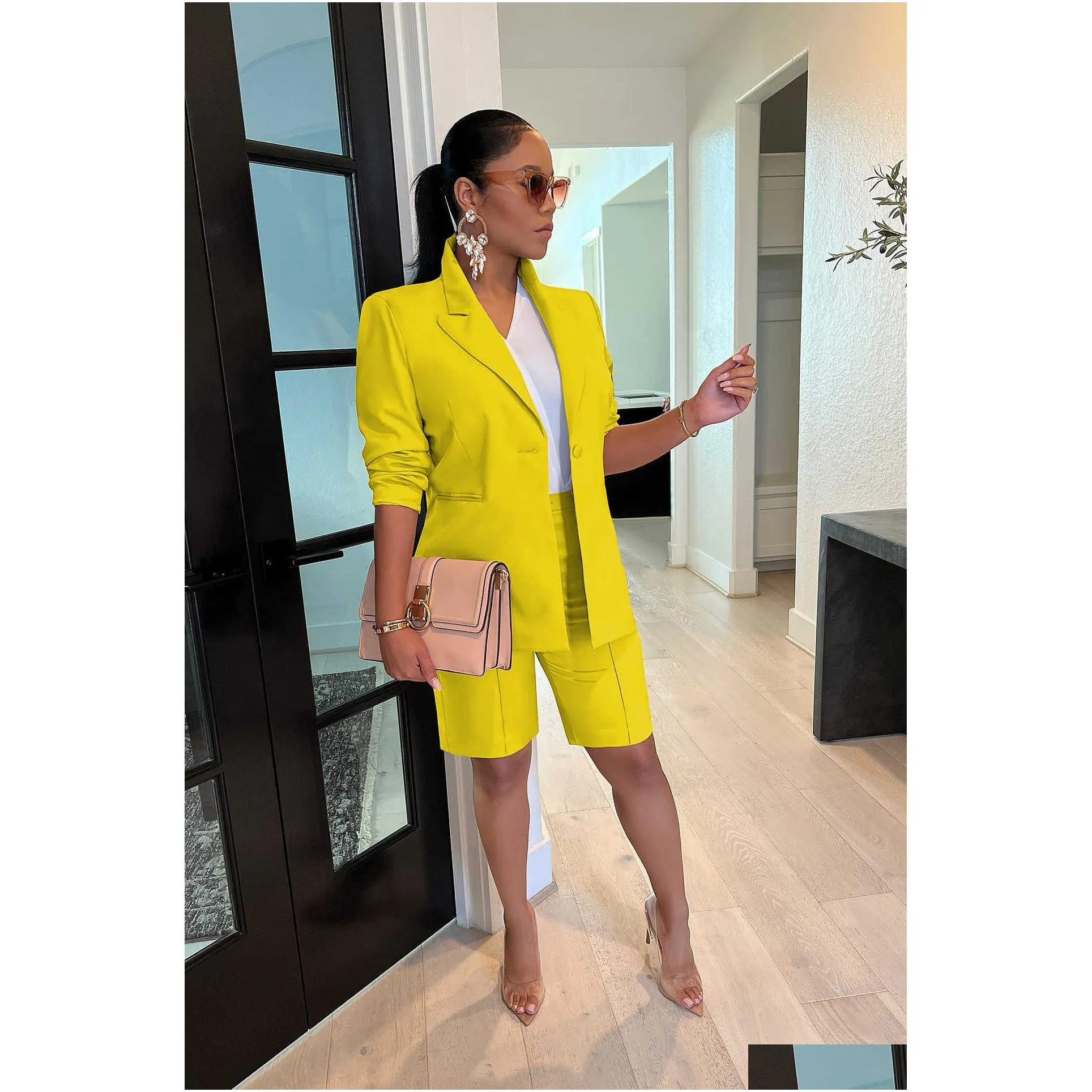Women`S Tracksuits Womens Tracksuits Solid Color Business Suit For Jacket Shorts Two-Piece Spring And Summer Casual Women Clothing Set Dhnbf