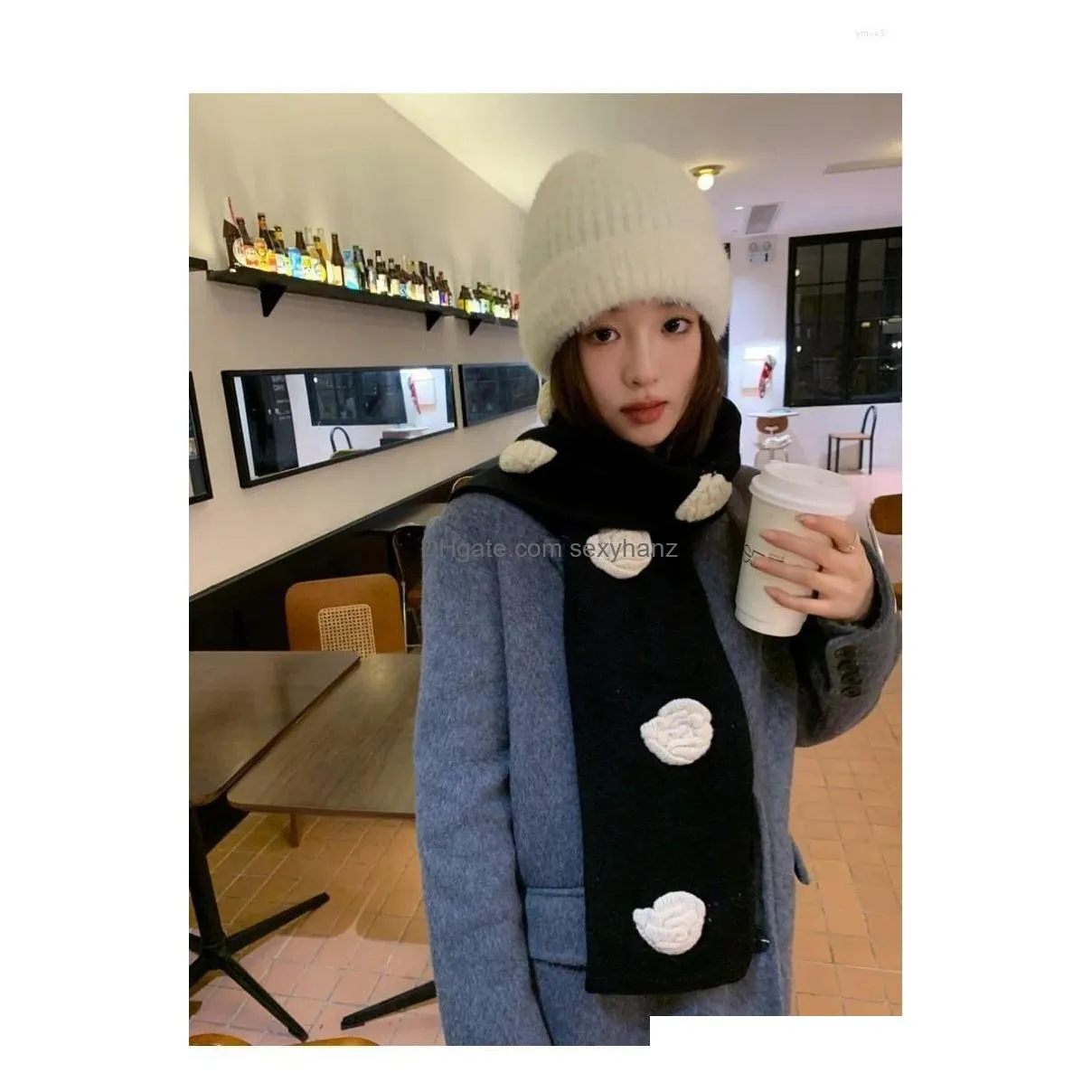 Scarves 2023 Winter Fashion Women Camellia Imitated Cashmere Wool Knitted Scarf Female Thick Gift Drop Delivery Accessories Hats Glo Dh7Sx