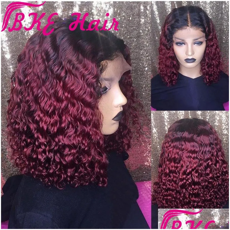 Synthetic Wigs 1B/Blonde Ombre Short Kinky Curly Simation Human Hair Wigs Pre Plucked Black /Bury Red Synthetic Lace Front Bob Wig He Dhca1