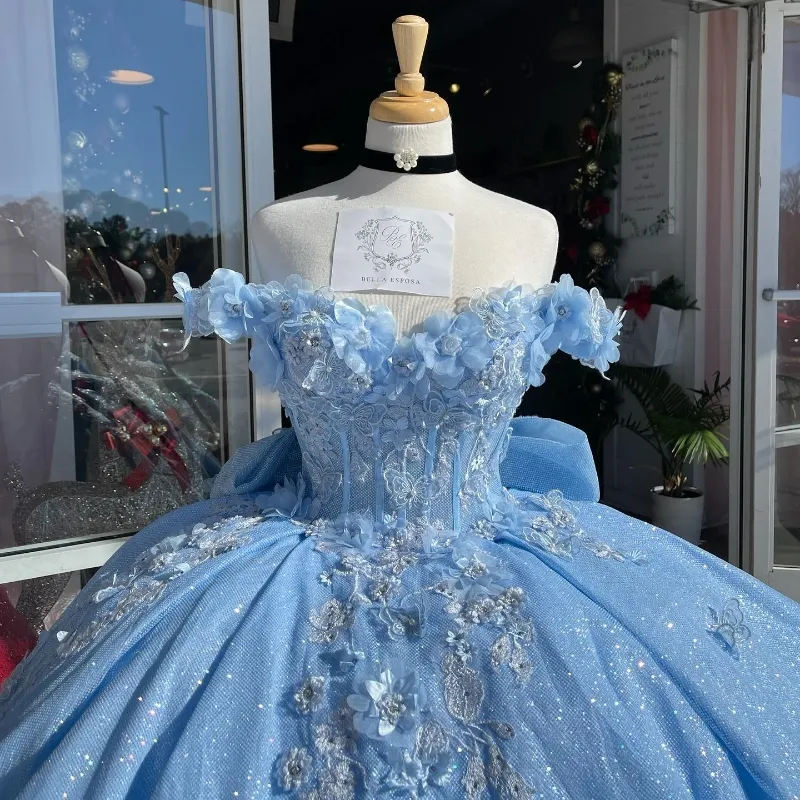 Sparkly Sky Blue Ball Gown Quinceanera Dress Elegant Luxury Prom Dresses 3D Floral Appliques Lace Party Lace Birthday Dresses