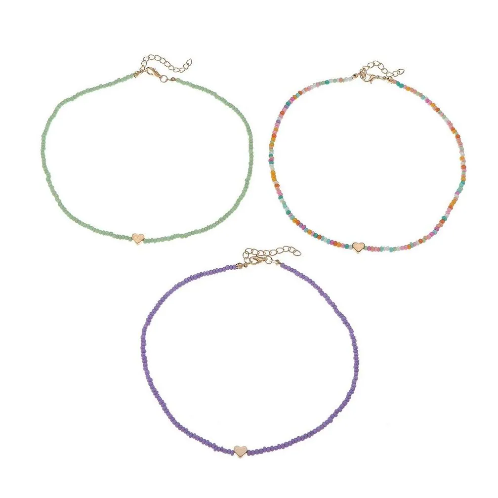 Beaded Necklaces 3Pc/Set Beach Summer Candy Color Seed Beaded Friendship Jewelry Heart Charm Necklaces Lovely Women Collar Choker Boho Dhloz