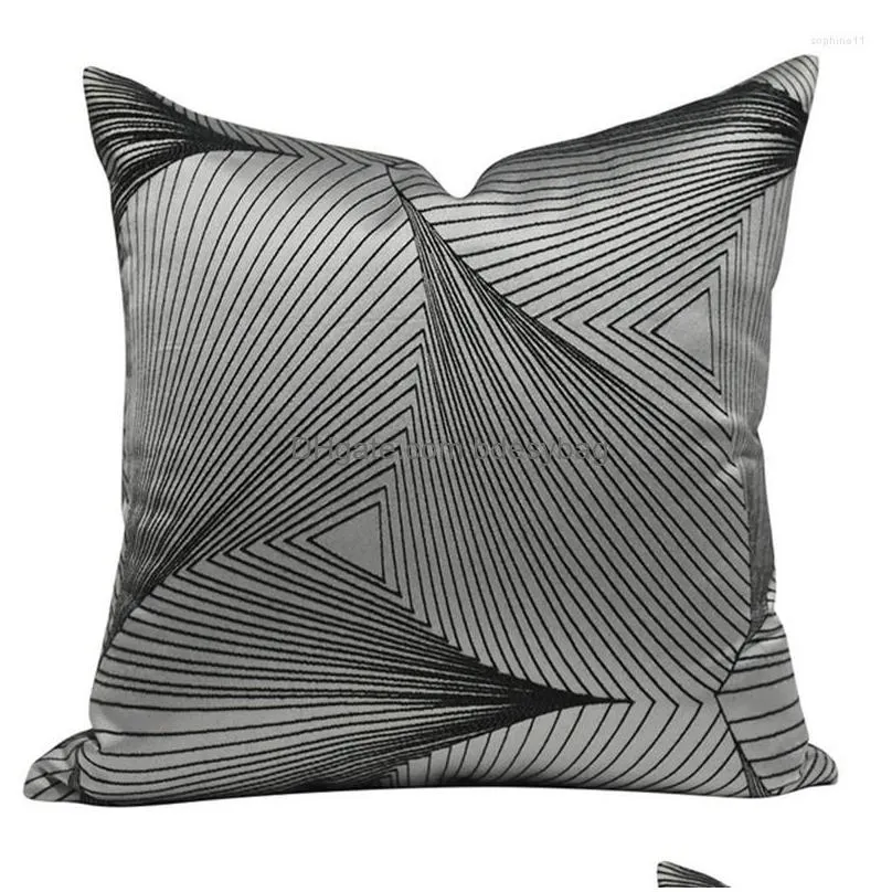 Cushion/Decorative Pillow Pillow Embroidery Striped Jacquard Er High Precision Gray Black Decorative Pillows Home Decor Sofa Drop Deli Dhfrk