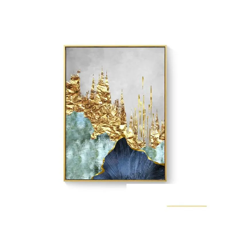 nordic blue golden foil lines canvas posters print modern abstract wall art painting decoration picture living room home decor