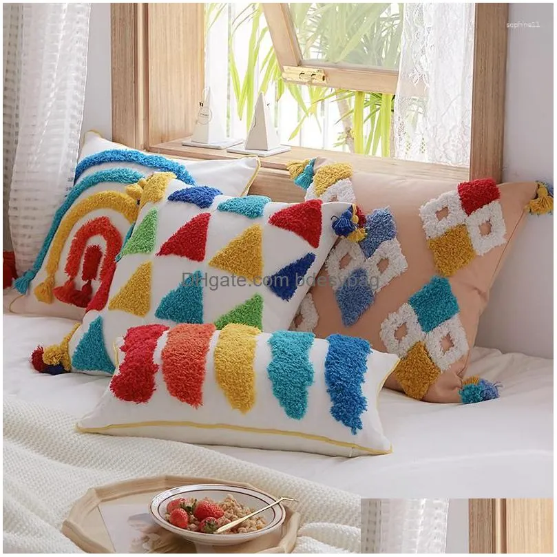 Cushion/Decorative Pillow Pillow Rainbow Decoration Er Morocco Style Colorf 45X45Cm/30X50Cm Tassels Handmade Home Decorative Drop Deli Dhkdu