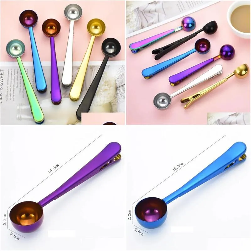 Stainless Steel Coffee Measuring Spoon With Bag Seal Clip Multifunction Jelly Ice Cream Fruit Scoop Spoon Kitchen Accessories