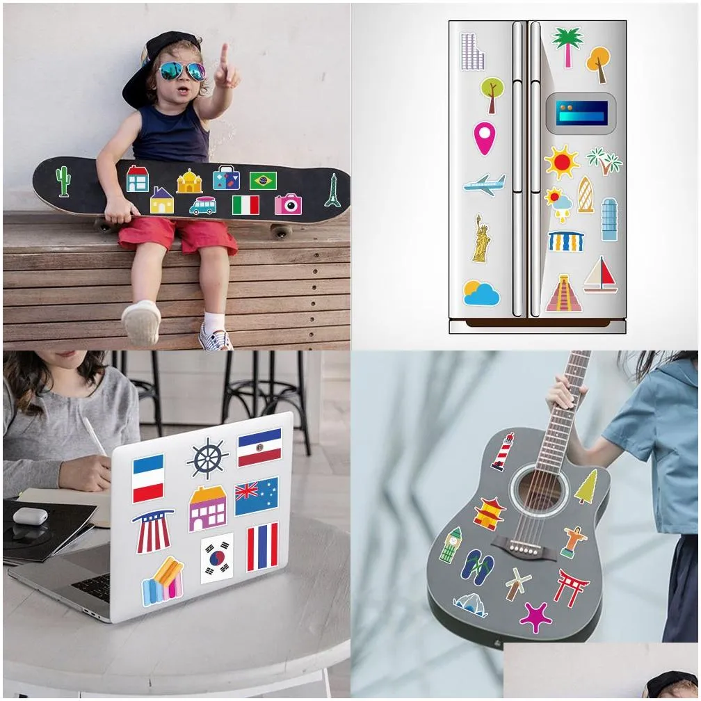 50pcs world buildiings Travel cute cartoon Waterproof PVC Stickers Pack For Fridge Car Suitcase Laptop Notebook Cup Phone Desk Bicycle Skateboard