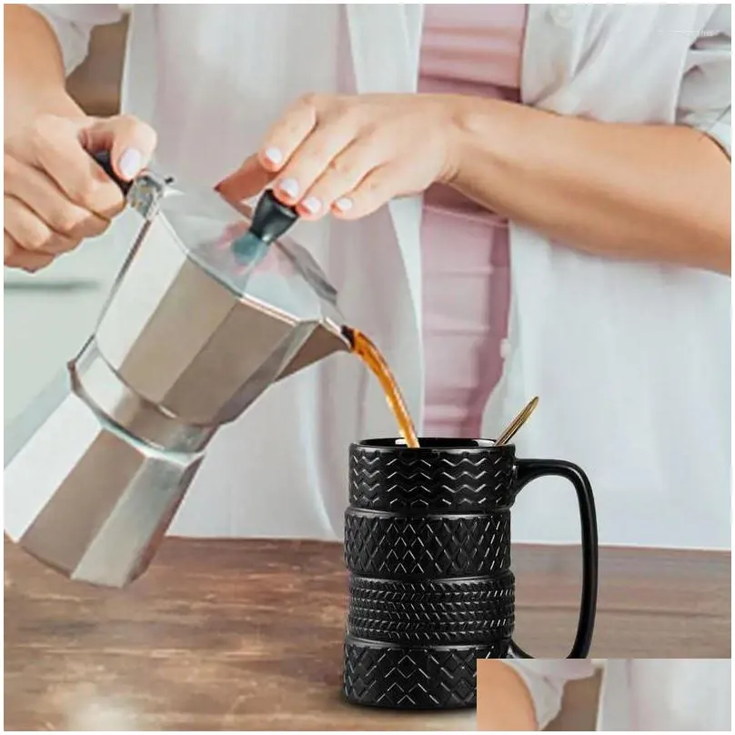 Mugs Tire Coffee Mug Mechanic 3D Cool 400ml/13.41oz Black Novelty Frosted Ceramic Large Tea Cup Unique Gifts