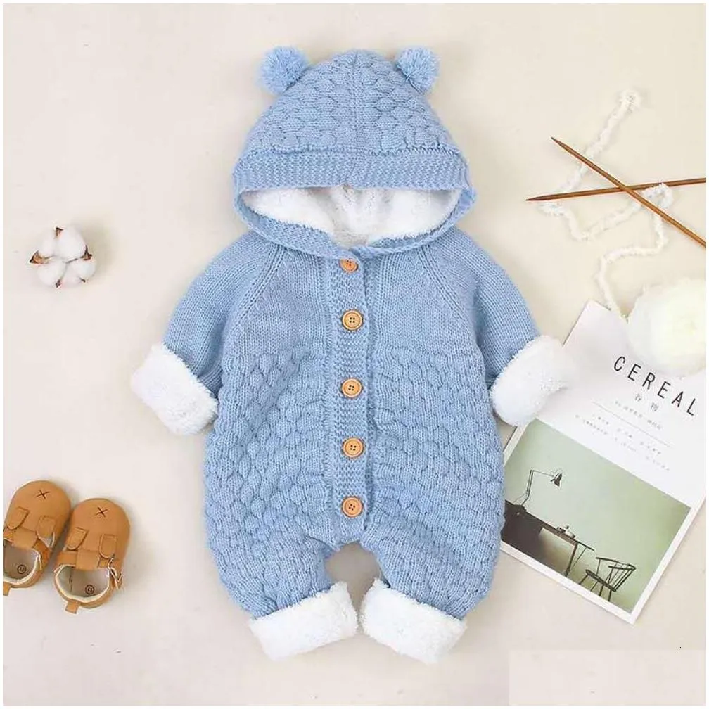 Rompers Rompers Born Baby Clothes Cardigan Hooded Autumn Winter Girl Boy Fashion Infant Costume Kids Toddler Cashmere Knit Jumpsuit 22 Dh15B