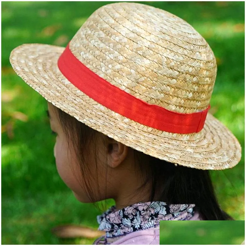 wide brim hats boy girl one piece cap straw hat neck string luffy flat cosplay japanese cartoon props kid red stripe beach elob22