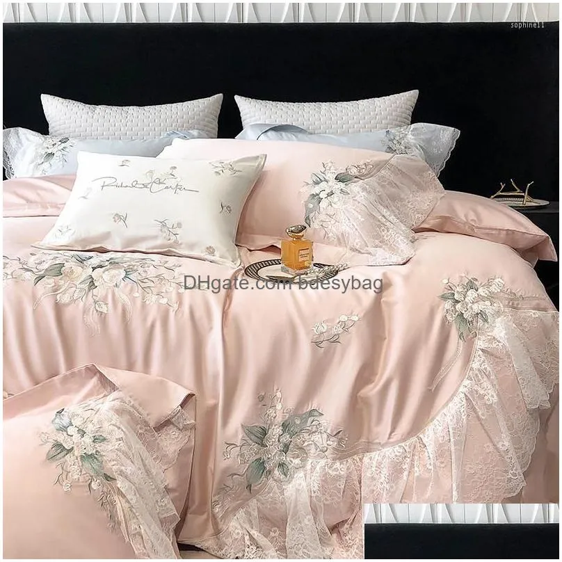 Bedding Sets Bedding Sets Pink 1000Tc Egyptian Cotton Luxury Flowers Lace Embroidery French Wedding Set Duvet Er Pillowcases Bed Sheet Dhmkr