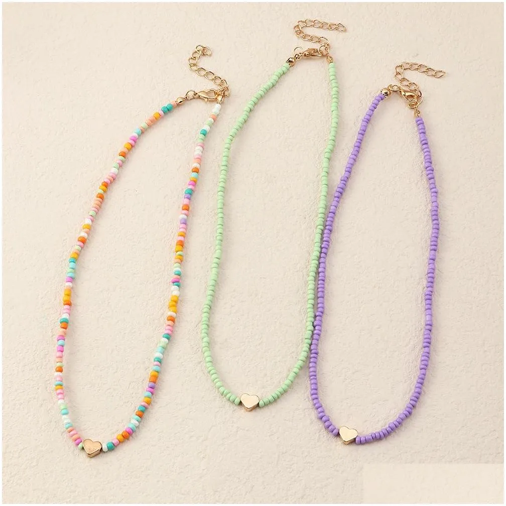 Beaded Necklaces 3Pc/Set Beach Summer Candy Color Seed Beaded Friendship Jewelry Heart Charm Necklaces Lovely Women Collar Choker Boho Dhloz