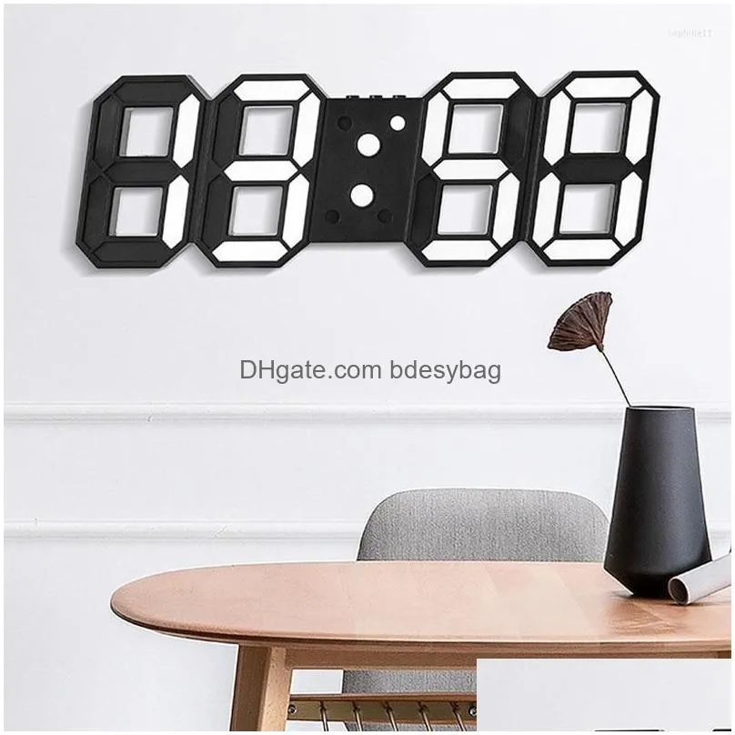Wall Clocks Wall Clocks Large 3D Remote Control Clock Led Electronic Digital Table Watch Desktop Mti-Function Date Temperature Hanging Dhnnp