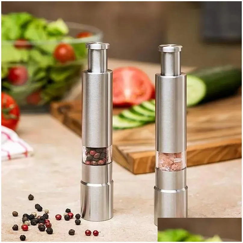 Mills Ups Manual Pepper Mill Salt Shakers One-Handed Grinder Stainless Steel Spice Sauce Grinders Stick Kitchen Drop Delivery Home Gar Dhfwq