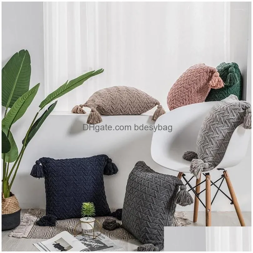 Cushion/Decorative Pillow Pillow Case Tassels Er Chenille Knit Pattern Throw Ers Decorative 45X45Cm For Sofa Bedroom Home Drop Deliver Dhirz