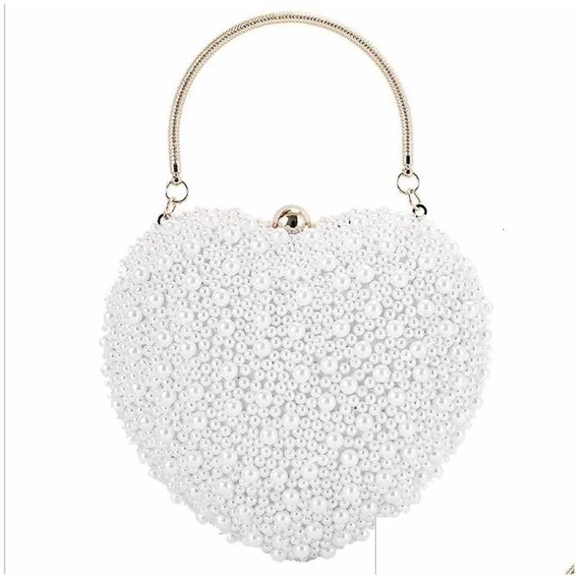 evening bags 2023 pearls heart shaped wedding clutch purse full side beads mini wallets with chain shoulder for girls mn1518 230309